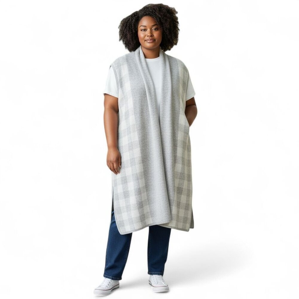 Lane Bryant Womens Plaid Duster Sweater Vest Open Front Gray & White 18/20